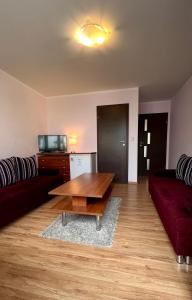 尤斯托尼莫斯基Pokoje Gościnne - HESJOK的客厅配有红色的沙发和木桌