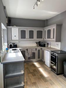 根斯堡Freya House的厨房配有不锈钢用具和白色橱柜