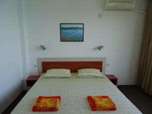 普里莫尔斯科Dobrevi Guest House的一间卧室配有一张带两个枕头的床