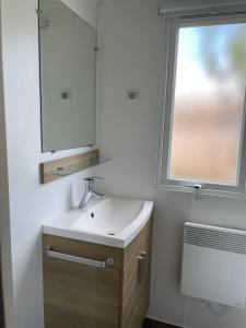 翁赞Mobil Home tout confort 6 personnes avec wifi的一间带水槽和镜子的浴室以及窗户。