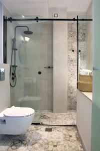 奈德里Edward Art Boutique Hotel的一间带玻璃淋浴和卫生间的浴室