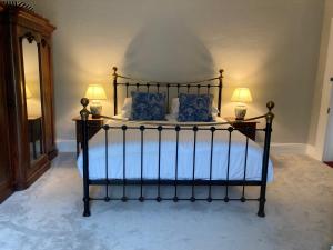 科芙Inver的一间卧室配有一张带蓝色枕头的床和两盏灯。