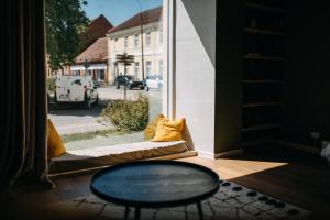 维尔扬迪Hubane korter Viljandi vanalinnas的一间配有沙发、桌子和窗户的客房