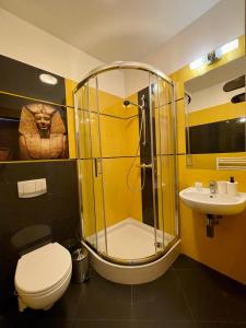 奥尔库什Apartamenty Centrum的带淋浴、卫生间和盥洗盆的浴室