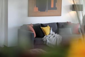 卡斯卡伊斯Cascais Sun Apartment的客厅配有带枕头的灰色沙发