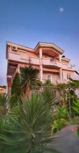 乌尔齐尼佩瑞萨公寓酒店的一座大型粉红色房子前面有棕榈树