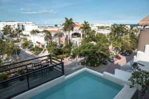 普拉亚卡门Maui Hostels Playa del Carmen的从带游泳池的大楼的阳台上可欣赏到风景
