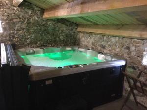拉纳斯La Ferme de Beauregard SPA -LANARCE 07660 - jacuzzi et sauna的石头房的绿色浴缸
