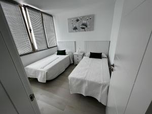 阿雷西费Arrecife exclusive beach house的一间卧室设有两张床和窗户。