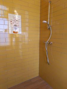 斯塔茨卡纳尔B&B Villa de Beuk的黄色的浴室设有淋浴和黄色的墙壁