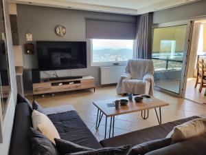 萨罗尼扎''Stergiou Luxury Apartment 2nd Floor'' με κοινη πισινα的带沙发和电视的客厅