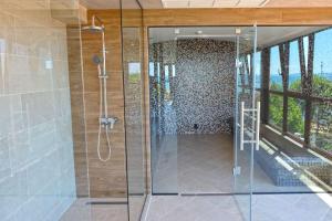 帕莫瑞Paradise Hotel & Relax Center的带淋浴的浴室和玻璃门