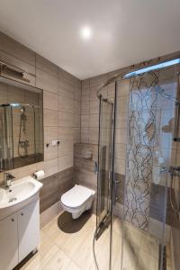 米泽德沃兹Apartamenty HELJAN的带淋浴、卫生间和盥洗盆的浴室