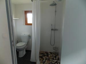 Cléry-Saint-AndréCamping du Petit Gué du Roi的一间带卫生间和淋浴帘的浴室