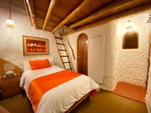 库斯科大地之母旅馆的一间卧室配有一张带橙色枕头和梯子的床
