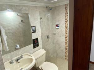 波哥大Hotel L&L Mansión的带淋浴、卫生间和盥洗盆的浴室
