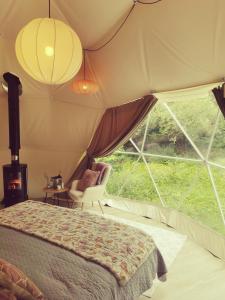 斯莱戈Teapot Lane Glamping - Adults only的帐篷内的卧室,配有一张床和椅子
