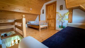 SkradHoliday House Pečišće的一间卧室配有一张双层床和一张婴儿床。