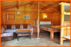 阿达兹Campsite Leiputrija的小屋内的一个带沙发和床的房间