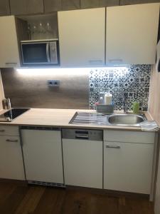 巴德哥依斯恩Apartment Goisernperle的厨房配有白色橱柜、水槽和微波炉