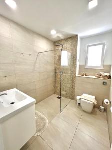 圣保罗湾城Villa Michael的带淋浴、卫生间和盥洗盆的浴室