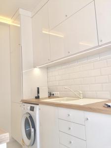 塞格德Cloé Apartman的白色的厨房配有洗衣机和水槽
