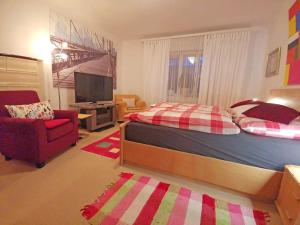 哈莱恩70qm 3-Zimmer Apartment am Tauernradweg in Hallein bei Salzburg, nahe Berchtesgaden, Roßfeld, Kehlsteinhaus, Obersalzberg, Watzmann, Schönau am Königsee, Bad Vigaun, Schloss Hellbrunn, Burg Hohen Salzburg, Burg Hohen Werfen # Beherbergungsbetrieb OC45的一间卧室配有一张床、一把椅子和电视