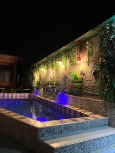 斯比勒Spille Vila E&G的夜间游泳池,墙上有灯