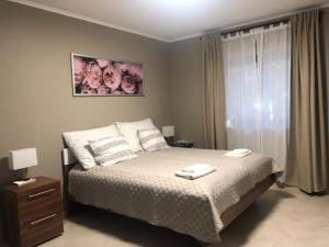 米什科尔茨道波曹Second Home Apartments Miskolctapolca的一间卧室设有一张床和一个玫瑰窗
