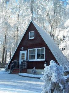 塔勒Ferienpark Rosstrappe的雪中小红房子,有树