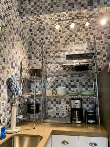 霍卢阿洛阿Hawaii Getaway的一间带水槽和瓷砖墙的厨房