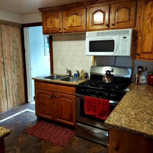 圣安东尼Vintage Cozy Family Home near National Parks的厨房配有炉灶和微波炉。