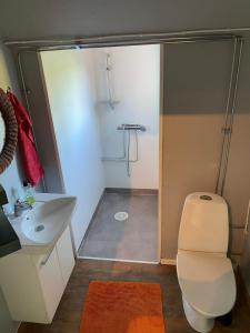 奥胡斯Lilla Sandslätt的带淋浴、卫生间和盥洗盆的浴室