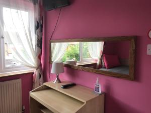 达格纳姆Becontreelodge的粉红色墙壁上设有镜子的房间