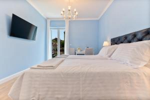 斯普利特Leonilda Rooms的一间蓝色的卧室,配有一张大床和一台电视