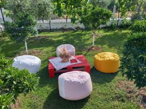 都拉斯Vila Islami的院子里的一张桌子和四把凳子