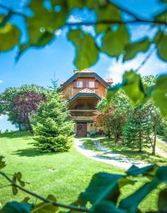 MirkovecVilla Botanica的坐落在郁郁葱葱的绿色田野顶部的大型木屋