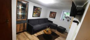 施卢赫湖Ferienwohnung Seelust的客厅配有黑色沙发和桌子