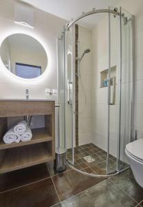 萨尔巴赫Saalbacher Perle Top 3 Luxury Apartment的带淋浴、卫生间和盥洗盆的浴室