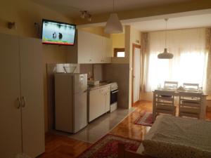 弗拉涅Apartmani Jelica FREE PARKING的带冰箱的厨房和墙上的电视