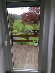 塞布尼茨Ferienwohnung Waldblick mit Balkon的通往享有庭院景致的阳台的门