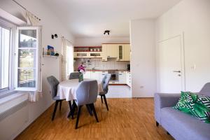 奥拉萨奇Ponte Apartment的厨房以及带桌椅的用餐室。
