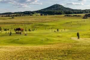 新博尔Golf Resort Česká Lípa的绿色田野上带凉亭的高尔夫球场