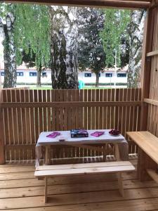 普图伊Počitniška hišica, Kamp Terme Ptuj, vključene 4 kopalne karte的木甲板上的野餐桌和长凳
