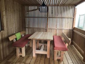 普图伊Počitniška hišica, Kamp Terme Ptuj, vključene 4 kopalne karte的一张木桌和两张椅子