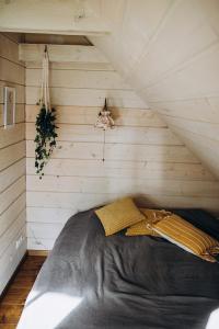 "Gaujmale" sauna house in nature客房内的一张或多张床位