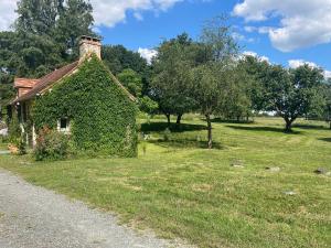 LouplandeLake View Cottage close to Le Mans 24H circuit的路边野地里常春藤覆盖的房子