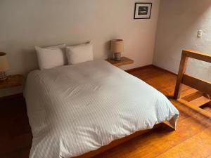 乔卢拉Quinta Luna的一间卧室配有一张带两盏灯的大型白色床。