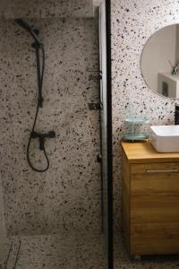 日基Domek Mały Las的带淋浴、水槽和镜子的浴室