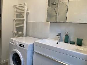 蒙贝利亚尔Appartement avec place de parking et box vélos的一间带洗衣机和水槽的浴室